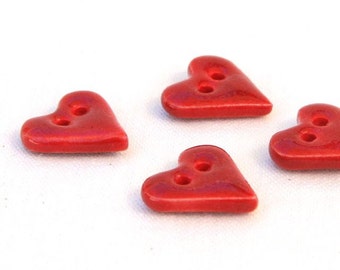 Heart Ceramic Buttons (4) Porcelain with Red Glaze