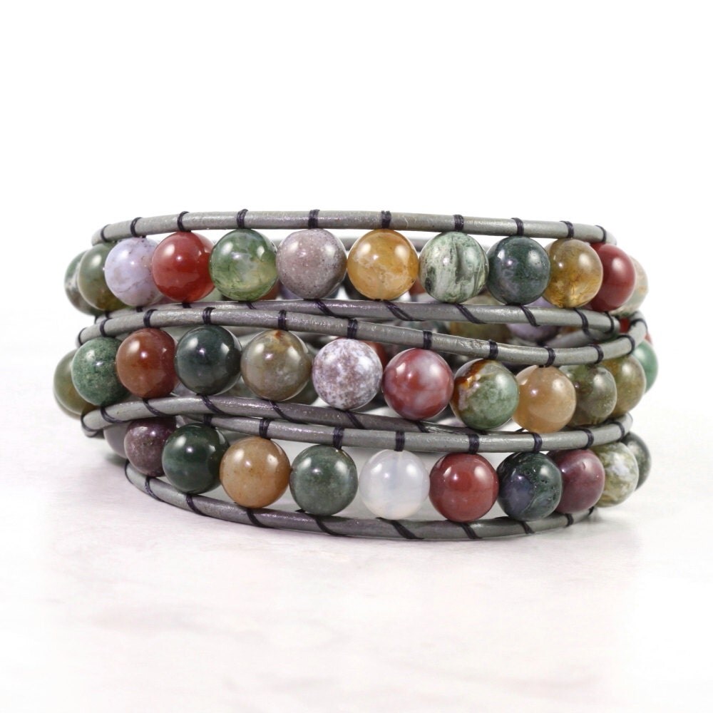 Gemstone Bracelet Leather Wrap Bracelet Gray Leather Jewelry