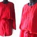 90s Red Oversized Drawstring Waist Silk Blouse M