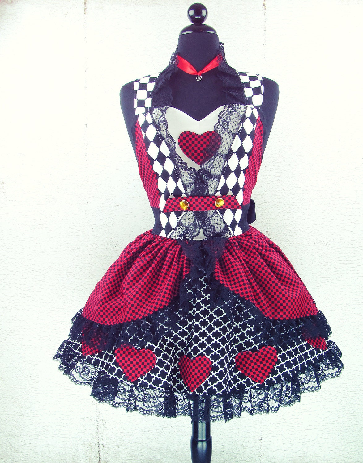 Pin Up Apron Queen of Hearts Double Skirt Sweetheart Neckline