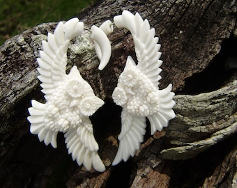 Fake gauge Earrings, Owl White Bone , Fancy Craved , Cheater,tribal style.hand carved organic