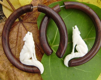 Fake Gauge Earrings , White Bone ,wood Split Gauge Earrings Call of the wild Wolf tribal style