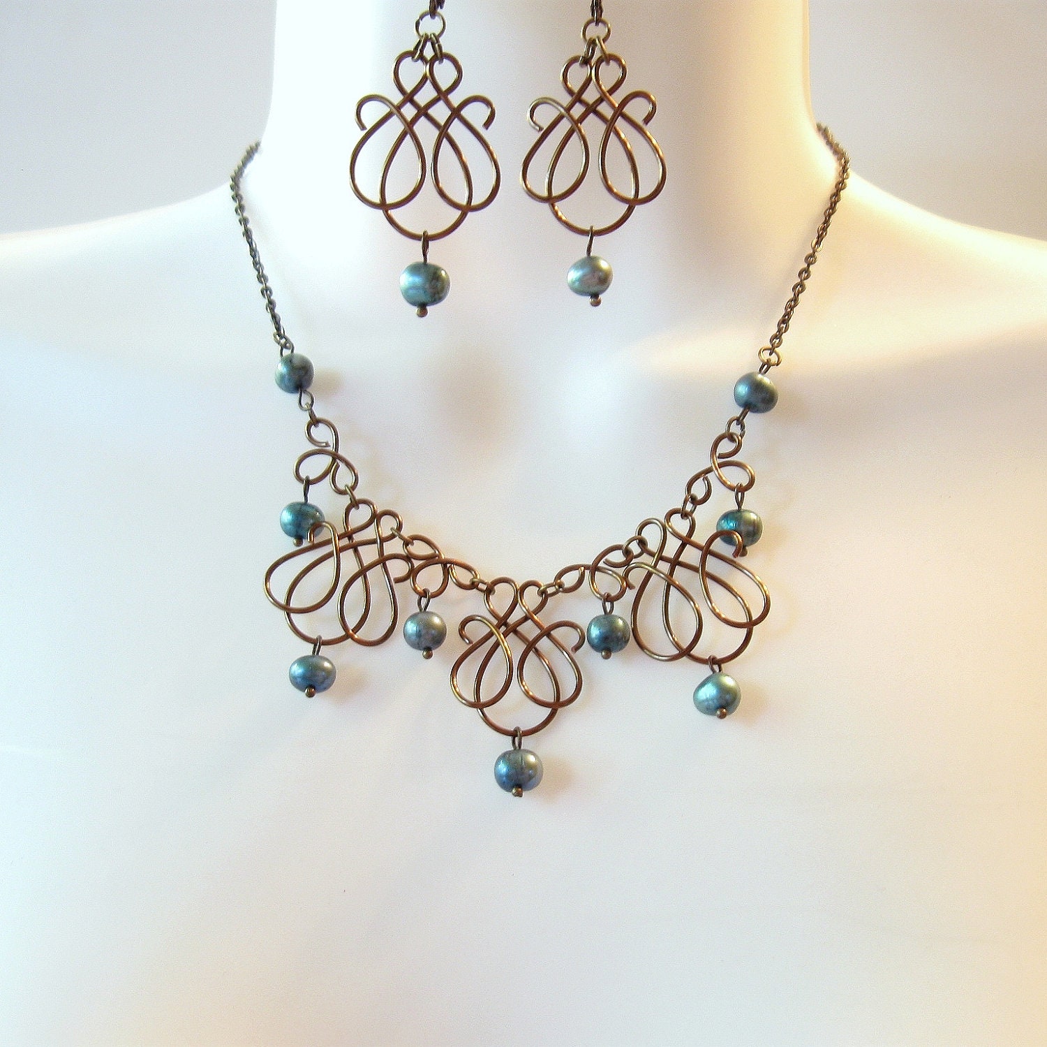 Bronze Wire Work Necklace Set Teal Freshwater by TheWireRose