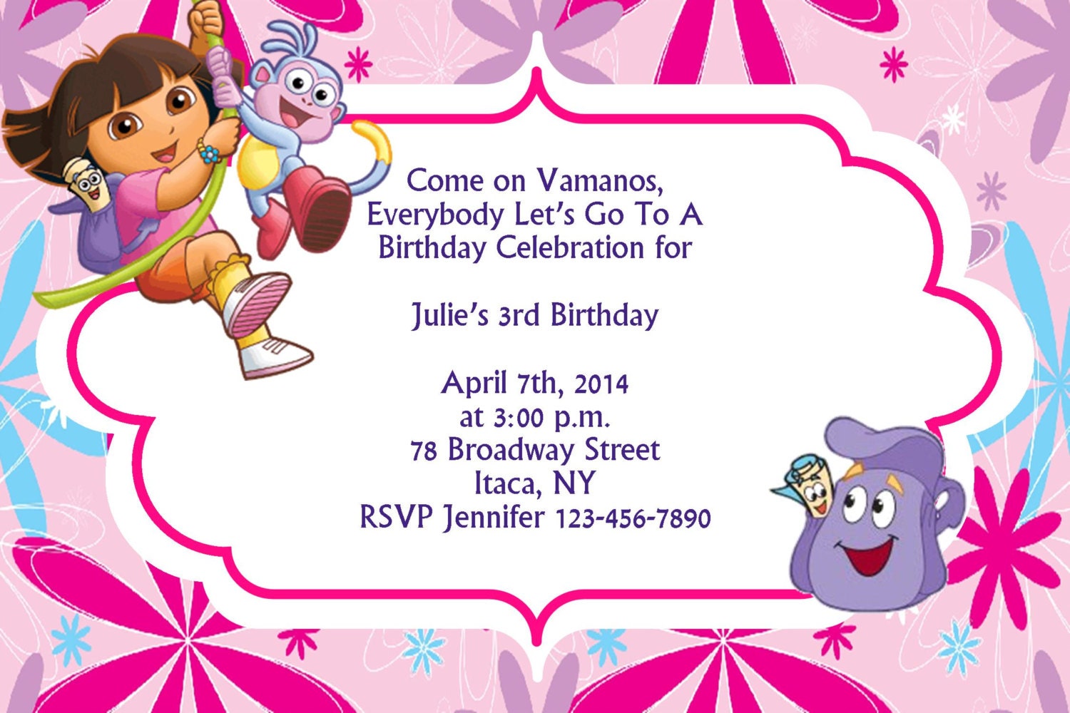 girls dora the explorer printable birthday party invitation