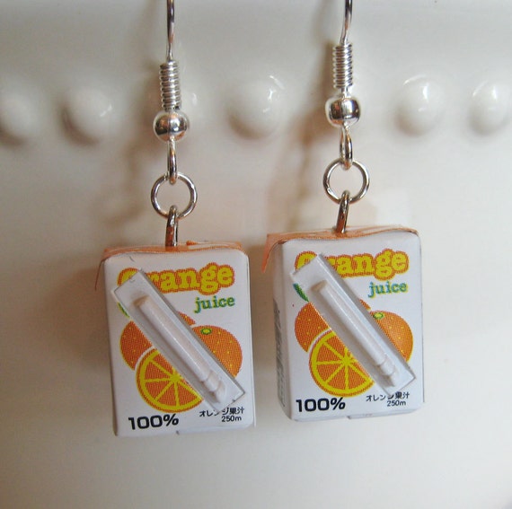Food Jewelry Orange Juice Box Earrings by Artwonders on Etsy