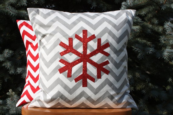 Modern Sparkle Snowflake Pillow Cover Red and Grey