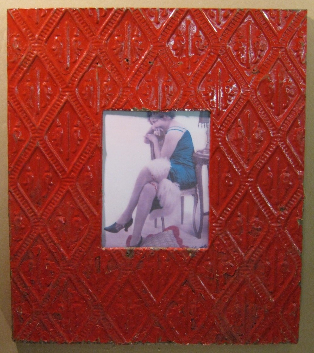 TIN CEILING Red Metal Picture Frame 8x10 Shabby Recycled chic
