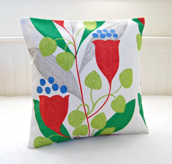 decorative pillow cover red flowers lime green by LittleJoobieBoo