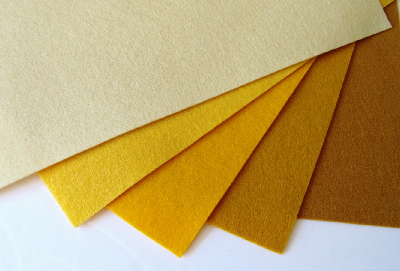 100 Wool Yellow Shades Felt Fabric Set Five 8x12 Sheets
