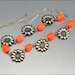 Art Deco Necklace Coral Glass Bead Silver Sunflower Snap 1930s Vintage Jewelry