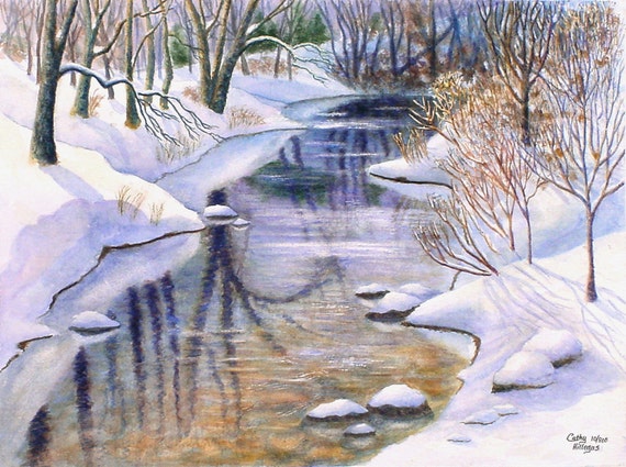 Winter landscape art watercolor painting print snow creek by