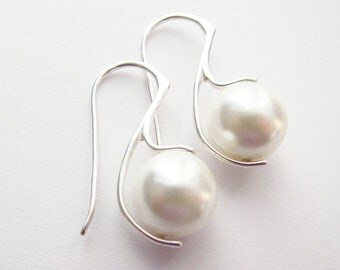 Pure White Tahitian Pearl Earrings Sterling Silver - Custom colors available - Perfect for Modern Brides, Bridesmaids