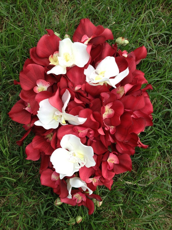 Red And White Cascading Orchid Bridal Bouquet 3934