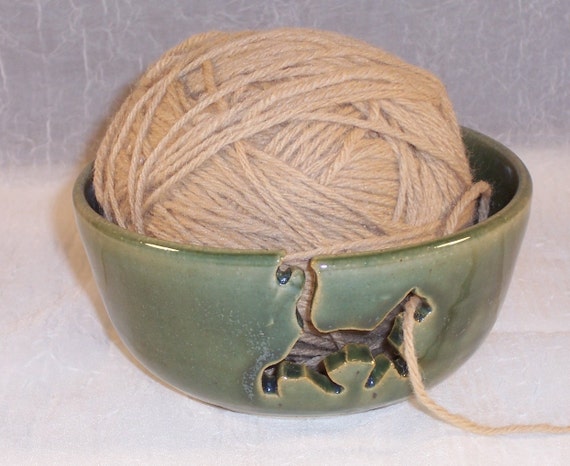 Green Ceramic Cat Yarn Bowl Knitting Bowls Stoneware Wheel