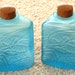 Tiffin US Glass Art Deco Lotion Bottles Dermay Aqua Blue Satin Glass Bakelite Tops Tweety Bird Vanity Set