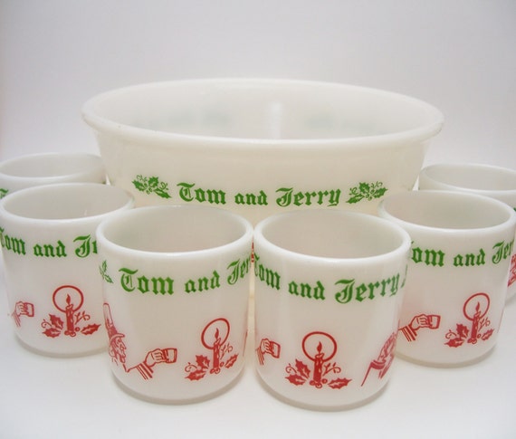 Vintage Milk Glass Tom and Jerry Punch Set Bowl and 6 Cups