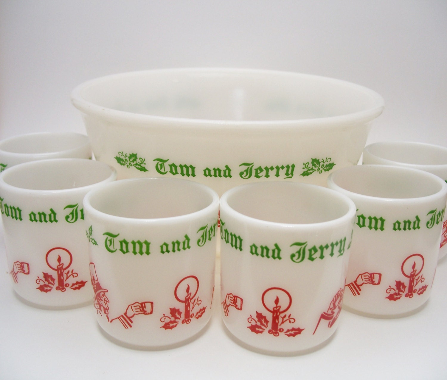 Vintage Milk Glass Tom and Jerry Punch Set Bowl and 6 Cups