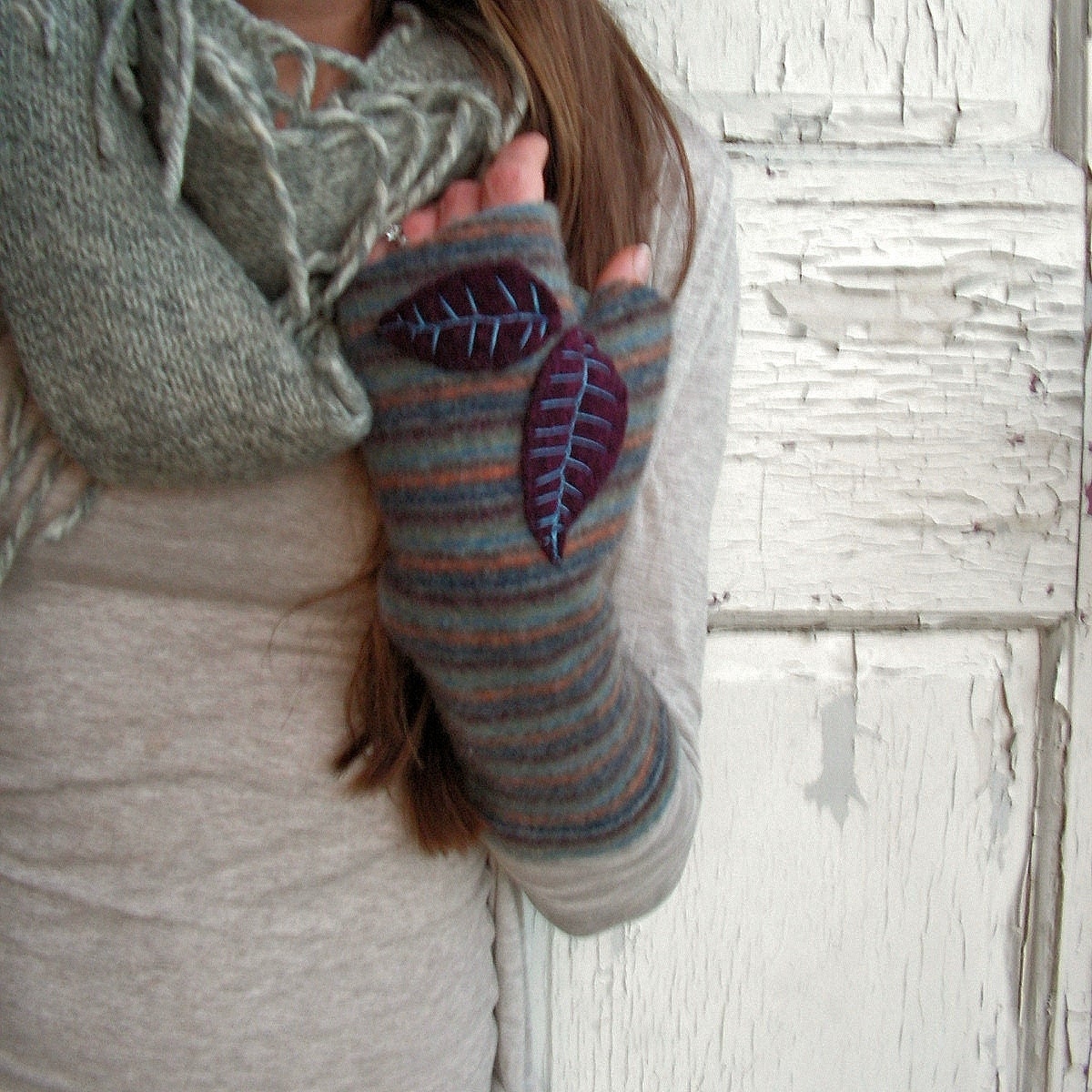 Striped Fingerless Gloves with Eggplant Colored Leaves