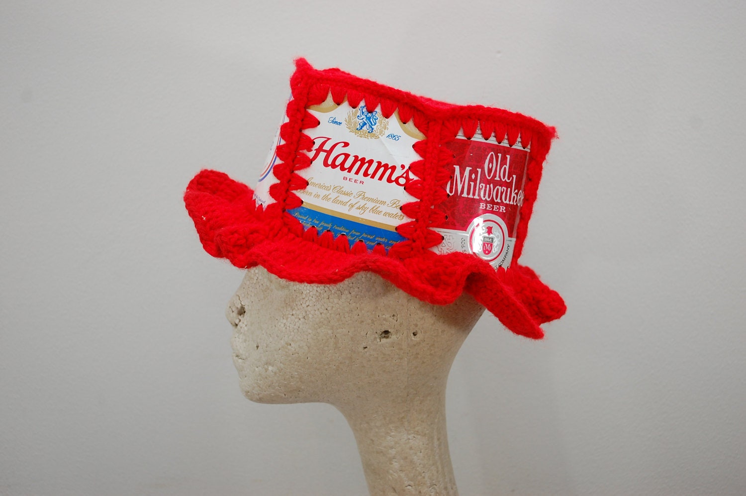 Vintage Knit BEER CAN Hat 1970's retro one by ilovevintagestuff