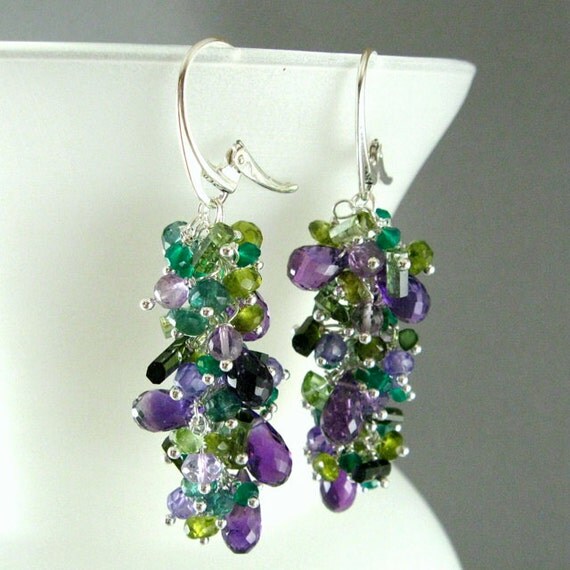 Purple and Green Gemstone Cluster Sterling Silver Earrings