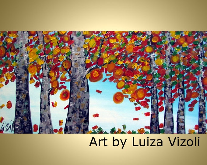 Original Modern 72x36 Contemporary Trees Landscape Fall Autumn Impasto Oil Large Painting on Canvas by Luiza Vizoli