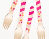 Stripes And Polka Dots - 20 Wooden Utensils - Perfect Alternative To Plastic Utensils For Parties
