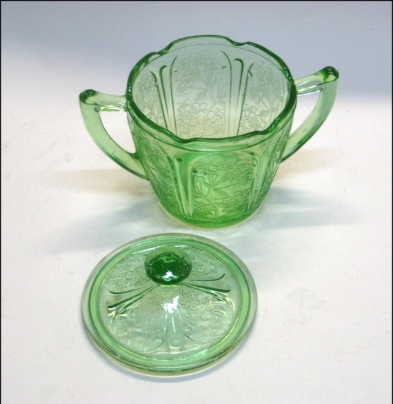 1930's Green Vaseline Glass Cherry Blossom Sugar Bowl with
