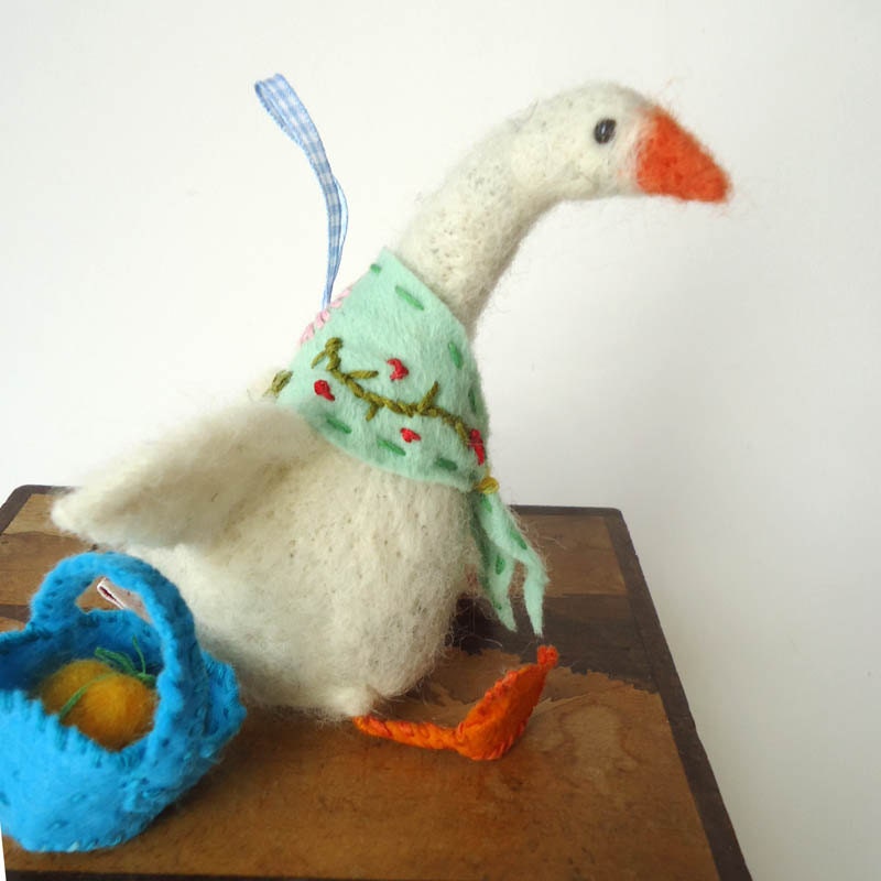 Needle felted Goose with Blue basket and orange Gift