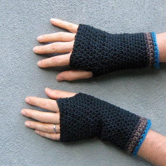 men's fingerless gloves/ black cotton crochet