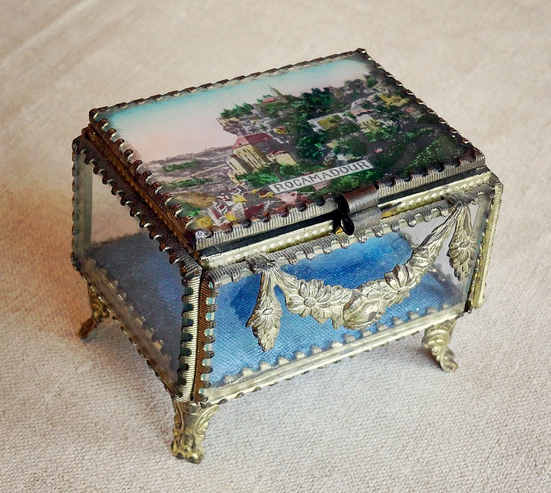 antique French jewelry box with ormolu style brass religious