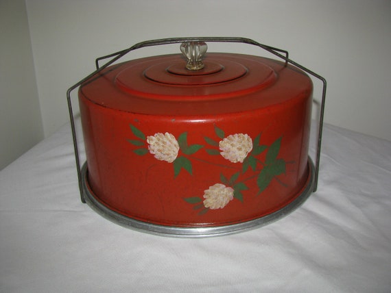 Vintage Round Red Metal Cake Carrier Taker With White Flowers