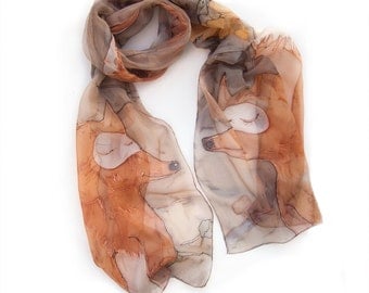 Hand painted scarf- Caramel Foxes fall in love. Long silk chiffon scarf painted. Animals scarf. Painted scarves 17/70 Birthday gifts for her