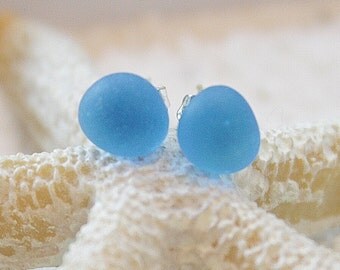 Eco Friendly Jewelry Ocean Blue Sea glass stud earrings .925 sterling Silver Plated
