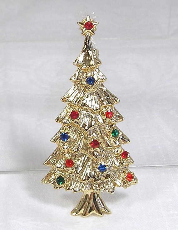 Items similar to Vintage Brooch Christmas Tree Gold Red Green Blue BJ