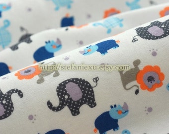 SALE Clearance 1 Yard Zoology Collection, Lovely Dots Baby Elephant, Lion, Turtle and Rhinoceros - Knit Cotton Fabric (35.4x59 Inches)