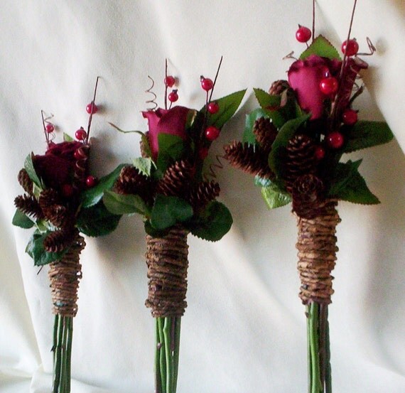 Winter Bridal accessory silk wedding flowers bridesmaid bouquets, boutonnieres 6 piece set Rustic Chic Bridal bokay pine cones Rust Burgundy