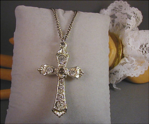 Vintage Stanhope Lords Prayer Rhinestone Cross Pendant