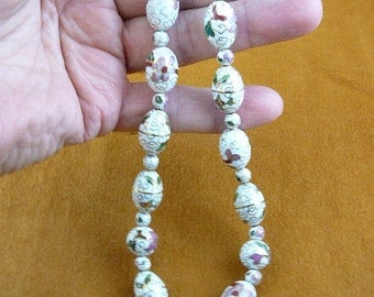 White Cloisonne Beads pink white flower flowers 20 inch long bead beaded Necklace jewelry V257-2