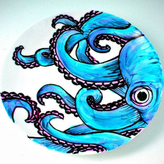 Octopus Plate Ceramic Turquoise Blue Kraken Sea by sewZinski