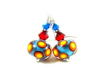 Colorful Glass Earrings, Lampwork Earrings, Turquoise Blue Yellow Red Earrings, Beadwork Earrings, Polka Dot Earrings - Sun Spots