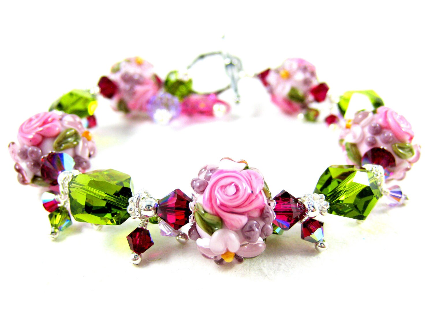 Pink Flower Bracelet Pink Rose Bracelet by GlassRiverJewelry