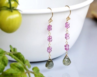 Moss Aquamarine Gold Filled Earrings - mystic pink topaz - Wire Wrapped - Hand Forged - Faceted Pear Briolette
