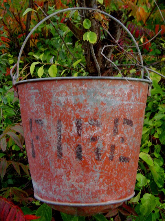 Vintage Fire Bucket Industrial Red Galvanized Metal Pail
