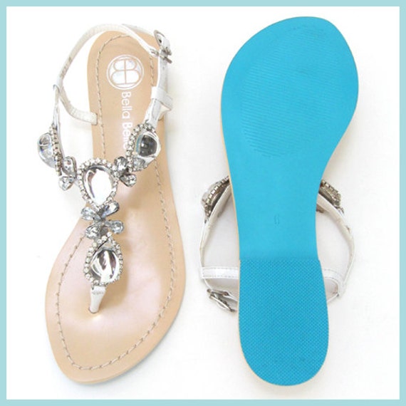Blue Sole Jewel Crystal Strappy White Bridal Thong Sandals Shoes ...