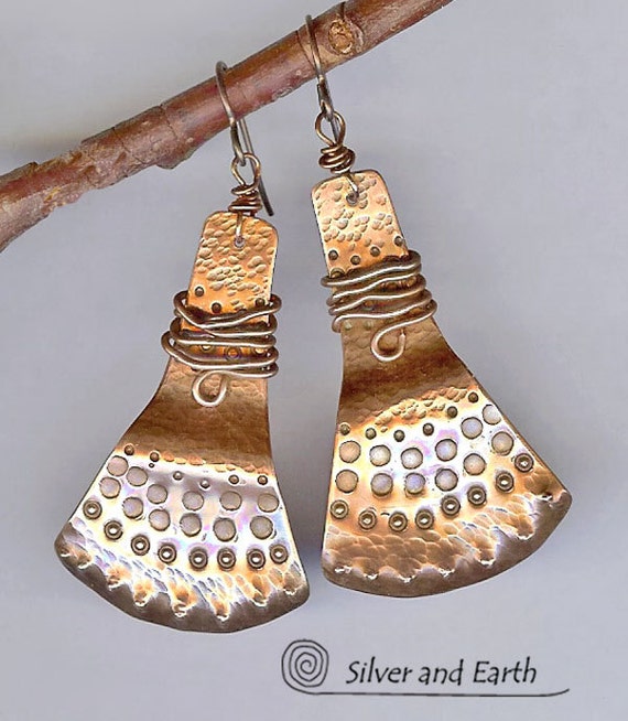 Copper Tribal Earrings w Hammered and Hand by SilverandEarth