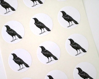 Black Raven Crow Stickers One Inch Round Seals