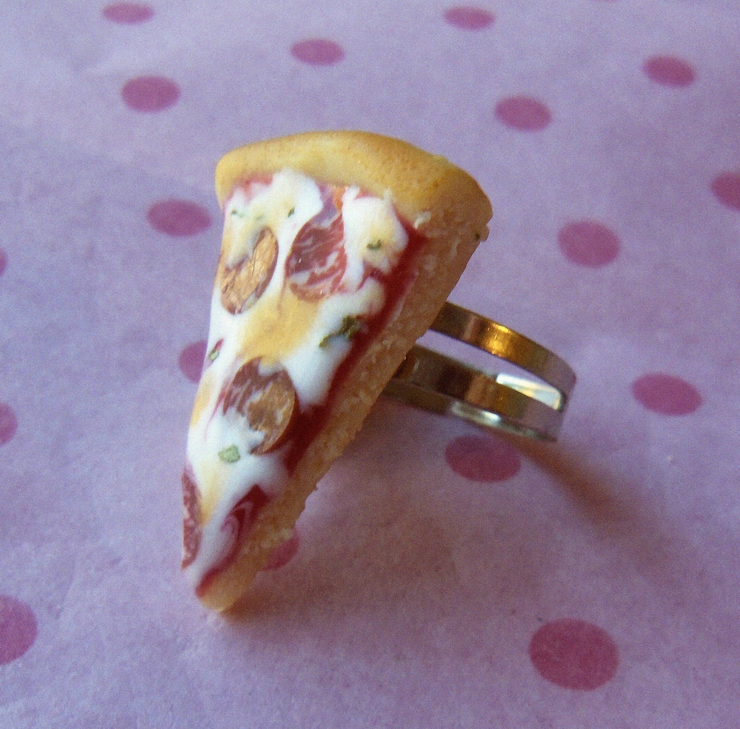 polymer clay pepperoni pizza ring by ScrumptiousDoodle on Etsy