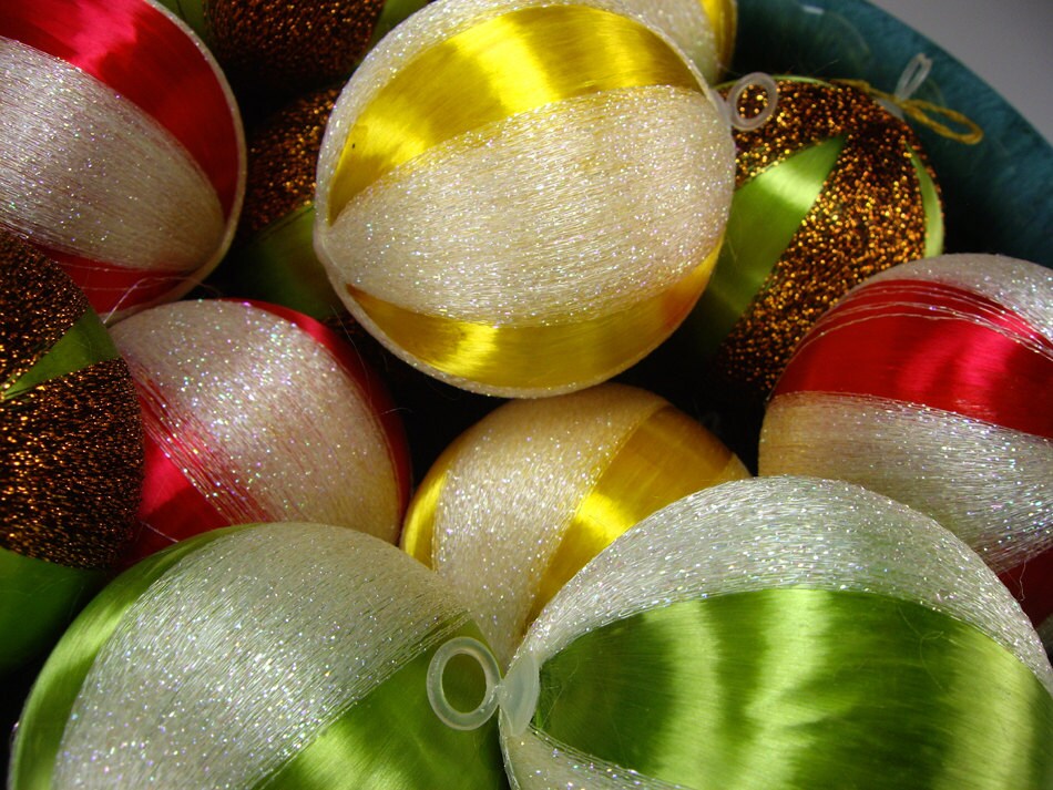 Assorted 70's Satin Thread Christmas Ball Ornaments Set