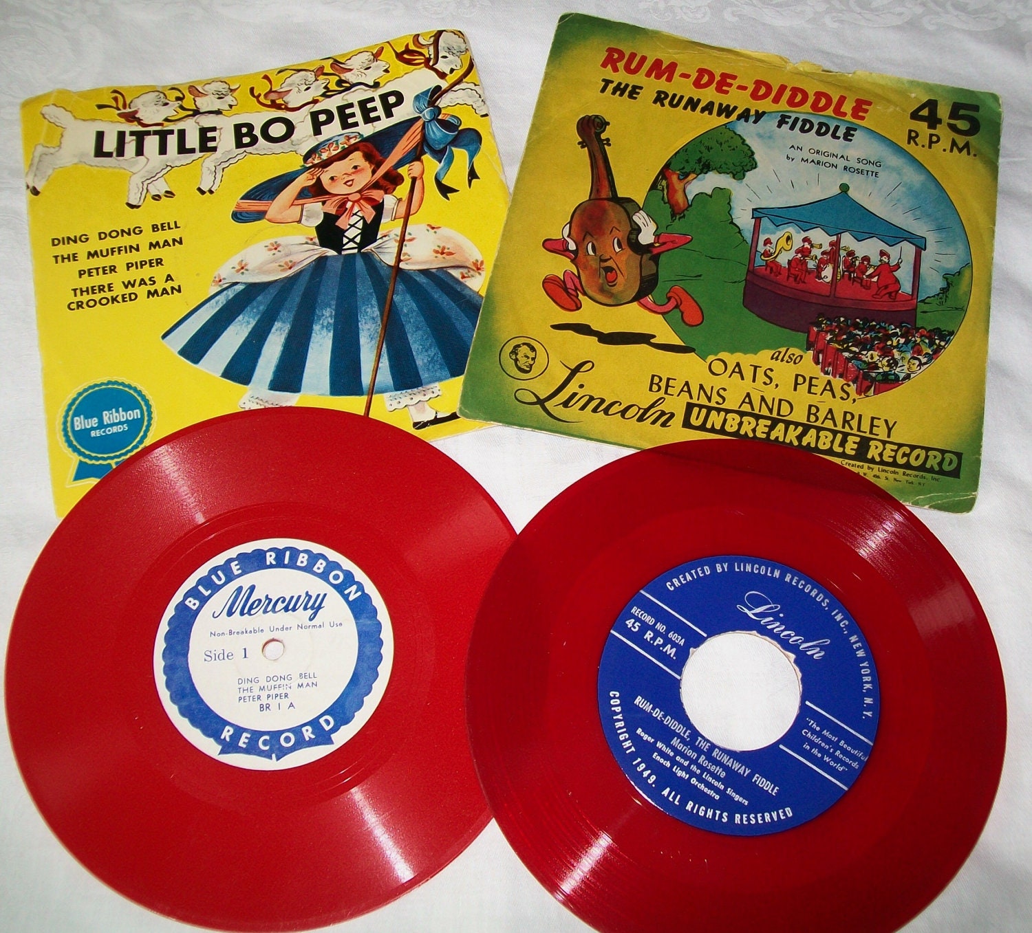 2 Vintage red records 1950s 45 rpm 78 rpm children retro