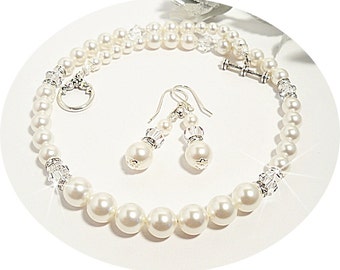 Bridal Jewelry Necklace and Earrings Pearl and Rhinestone